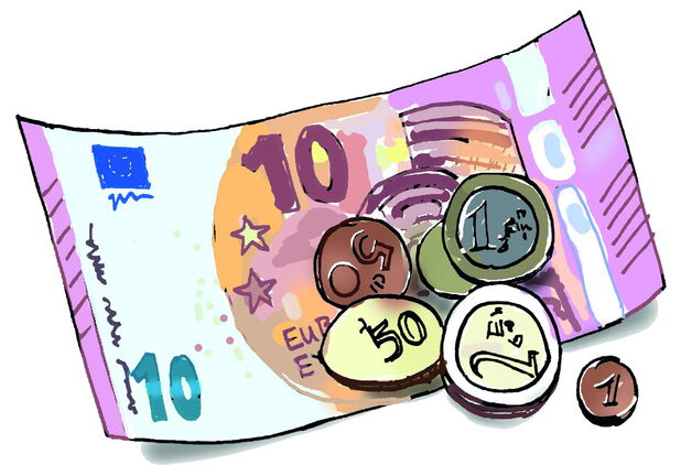 An dieser Stelle ist ein Bild. Auf dem Bild befindet sich ein 10 Euroschein. Auf dem Schein liegen einige Münzen.