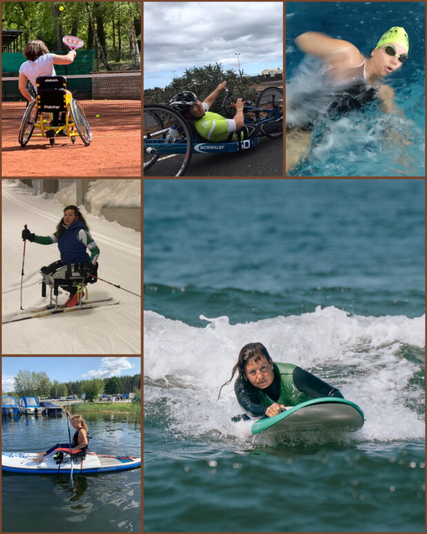 Eine Collage aus 6 Fotos. Oben links: Michaela Schlett spielt Rollstuhltennis auf einem roten Sandplatz. Sie sitzt im gelben Sportrollstuhl und hält einen Schläger. Die Umgebung ist von grünen Bäumen umgeben. Oben Mitte: Michaela mit dem Handbike auf einer Straße. Sie liegt in ihrem Liegefahrrad, trägt einen Helm und ein grünes Trikot. Im Hintergrund ragen unter bewölktem Himmel Palmen auf. Oben rechts: Michaela mit Badekappe und Schwimmbrille in einem Schwimmbecken. Wasser spritzt auf. Ihr Gesicht wirkt konzentriert. Mitte links: Michaela mit einem Monoski auf einer Piste. Sie trägt Wintersportkleidung und hält Skistöcke in den Händen. Der Schnee glänzt unter ihren Skiern. Unten links: Michaela im Sitzen auf einem SUP-Board auf einem See. Sie trägt eine Schwimmweste, hält Paddel in den Händen, ihre Beine sind angeschnallt. Im Hintergrund liegen Boote am Steg. Unten rechts: Michaela auf einem Surfbrett. Sie trägt einen Neoprenanzug und schaut nach vorne. Das Wasser um sie spritzt auf.