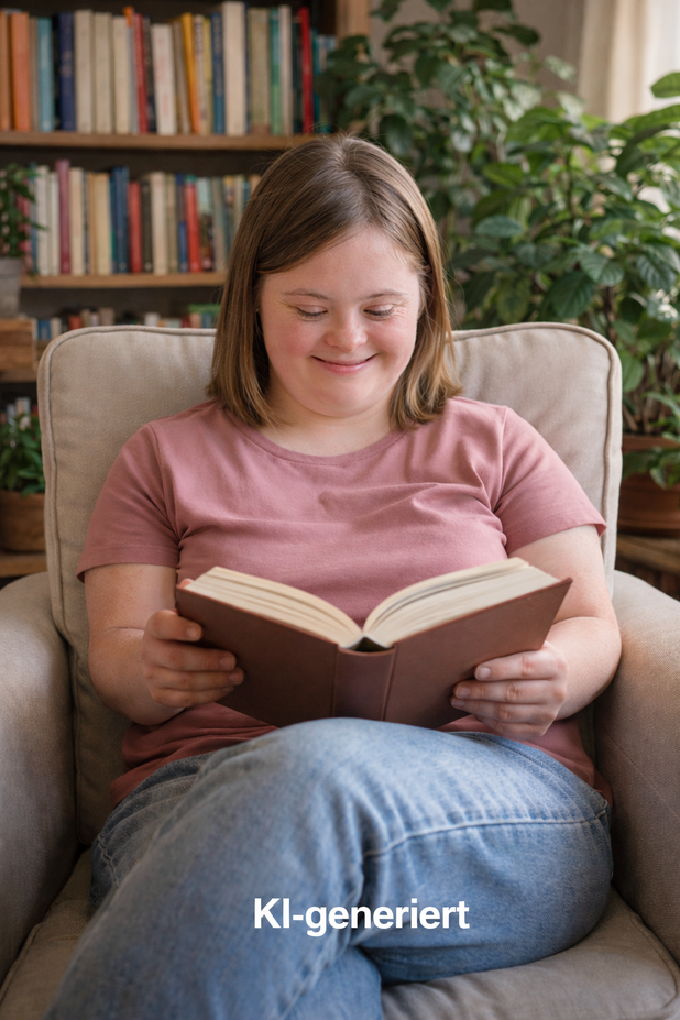 Eine weiße Frau mit Down-Syndrom sitzt lächelnd in einem Sessel und liest ein Buch. Sie hat halblanges, blondes Haar. Sie trägt ein Rosa Shirt und eine helle Jeanshose. Im Hintergrund befindet sich ein Bücherregal und Pflanzen. Unten im Bild steht der Hinweis: KI generiert.