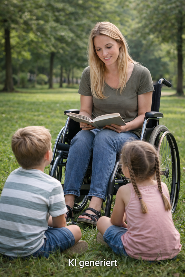 Eine blonde Frau mit langen, offenen Haaren sitzt in einem Rollstuhl auf einer Wiese im Park. Sie hält ein aufgeschlagenes Buch auf dem Schoß. Zwei kleine Kinder, ein Mädchen und ein Junge, sitzen ihr gegenüber im Gras. Si sind ihr aufmerksam zugewandt. Im Hintergrund befinden sich Bäume und eine offene Grünfläche. Unten im Bild steht der Hinweis: KI generiert.