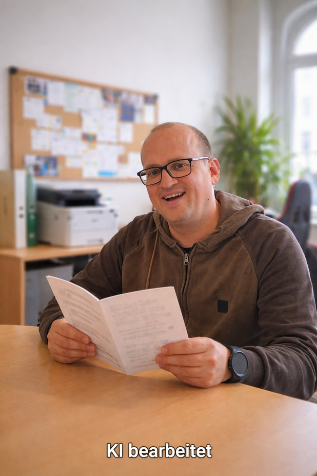 Ein Mann mit Dunklen, kurzen haaren und Brille sitzt an einem Tisch und hält eine aufgeschlagene Broschüre in beiden Händen. Er lächelt und blickt uns direkt an. Leicht unscharf ist im Hintergrund ein Büro mit Schreibtisch, Pinnwand und einer Pflanze zu erkennen. Unten im Bild steht der Hinweis: KI bearbeitet.