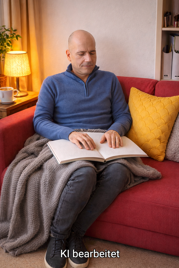 Ein Mann mit kahlrasiertem Kopf sitzt auf einem roten Sofa. Er trägt einen blauen Pullover und dunkle Jeans. Auf seinem Schoß liegt ein aufgeschlagenes Buch in Blindenschrift. Seine Hände liegen auf den Seiten, die Finger tasten die erhabenen Punkte. Das Gesicht des Mannes wirkt Konzentriert. Neben ihm liegt ein gelbes Kissen, über seinen Beinen eine graue Decke. Links steht eine eingeschaltete Tischlampe mit warmem Licht, daneben eine Tasse. Dieses Foto wurde mit KI bearbeitet.