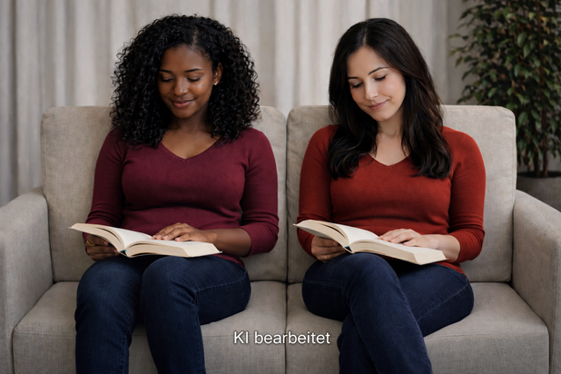 Zwei Frauen sitzen nebeneinander auf einem hellbeigen Sofa und halten jeweils ein aufgeschlagenes Buch. Die Frau links ist Schwarz. Sie trägt ihre langen Haare offen und trägt zu einem bordeauxfarbenen Langarmshirt eine dunkle Jeans. Ihre Beine sind angewinkelt und stehen nebeneinander. Die Frau rechts ist weiß und hat langes, dunkles Haar. Sie trägt zu einem roten Langarmshirt eine dunkle Jeans. Ihre Beine sind übereinander geschlagen. Beide blicken nach unten auf ihre Bücher. Im Hintergrund sind helle Vorhänge und eine Zimmerpflanze zu erkennen. Unten im Bild steht der Schriftzug: KI bearbeitet.